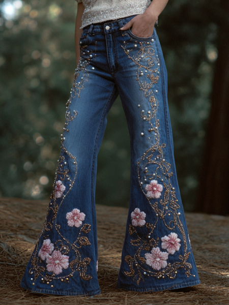Jean à pattes d'éléphant pour femme, style bohème, broderie florale végétale, coupe ample, jambes larges et droites 