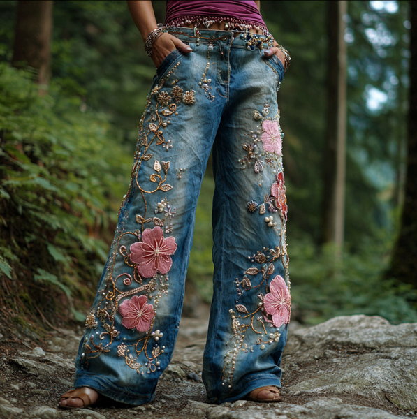 Pantalones vaqueros largos de mujer estilo bohemio con bordado de flores y plantas, corte holgado, pierna ancha y rectos. 
