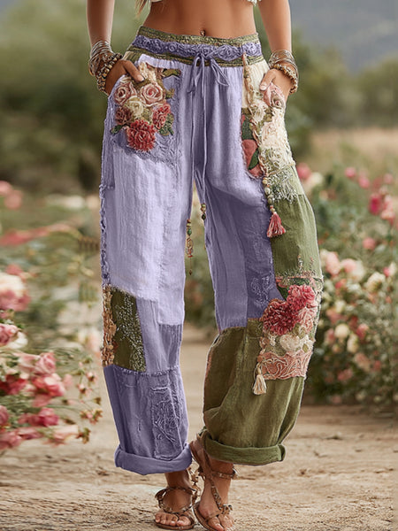 Pantalones de lino con diseño patchwork floral y de rosas retro de la colección Love &amp; Health 