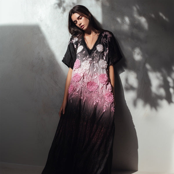 Vintage Pink Roses Embroidered V Neck Linen Maxi Dress