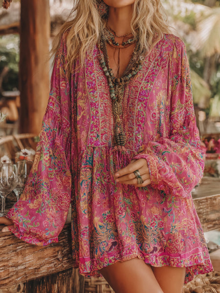 Chemise décontractée à col en V pour femme, style bohème floral 